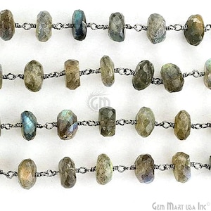 Labradorite Rondelle Rosary Chain, 8-9mm Oxidized wire wrapped Rosary Beads chain by foot GemMartUSA, BPLB-30039