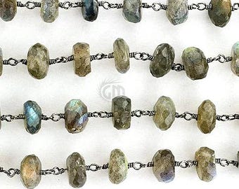 Labradorite Rondelle Rosary Chain, 8-9mm Oxidized Handmade Rosary Beads Chain by Foot GemMartUSA, BPLB-30039