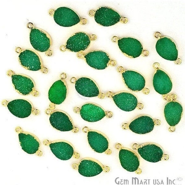 Gold Electroplated Green Druzy Connector, 10x14mm Pears Shape Druzy Gemstone Connector Pendant 1pc (ZEG-11151)