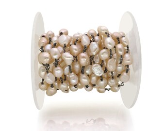 Pink Freshwater Pearl Beaded Rosary Chain, Nugget Beads, Oxidized Plated Rosary, Natural Pearl, Rosary Chain, DIY Jewelry 6-8MM (BPPP-30041)