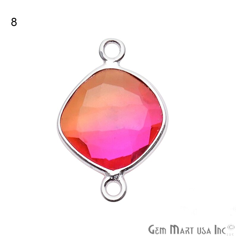 May include: A silver-toned pendant with a square-shaped, faceted, ombre gemstone. The gemstone is a gradient of orange, yellow, and pink. The pendant has two loops for attaching a chain or cord.