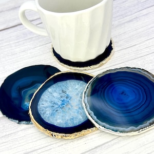 Blue Agate Slice Coaster, Natural Gemstone Coaster, Rock & Crystal Coaster, Organic/Silver/Gold Plated Drinkware, GemMartUSA (BLCO)