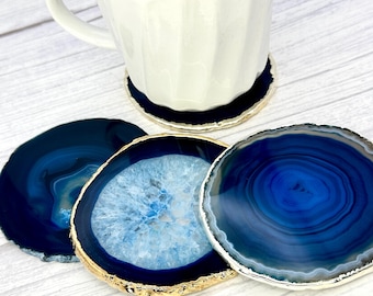 Blue Agate Slice Coaster, Natural Gemstone Coaster, Rock & Crystal Coaster, Organic/Silver/Gold Plated Drinkware, GemMartUSA (BLCO)