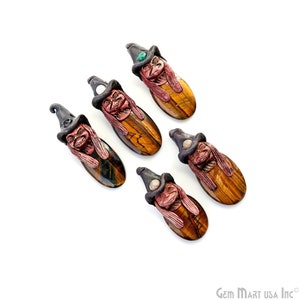 May include: Five witch-themed pendants made of tiger's eye stone with a sculpted witch face and a hat. Each pendant has a different colored gemstone in the hat.