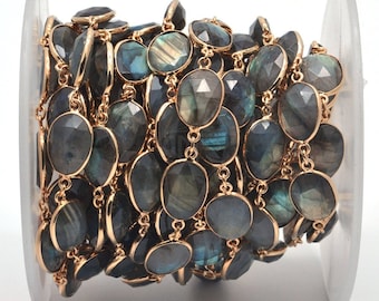One foot Labradorite continuous connector chain, 10x14mm oval gold plated bezel connectors link chain (GPLB-20005)