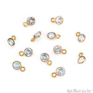 5mm Round Blue Topaz Bezel Charm Connector, Tiny Gold Plated Gemstone Link for Jewelry Making, DIY Jewelry Supplies, BT-10720