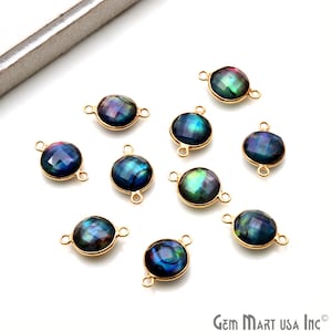 Multi Colored Gemstone, Doublet stone, Gold Plated Bezel Setting Pendant Connector, Double Bail Pendant, Round Shaped 10MM  (MC-10155)