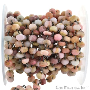 Pink Opal Rondelle beads rosary chain, 7-8mm Oxidized wire wrapped link Stone rosary Chain, GemMartUSA (BPPO-30035)