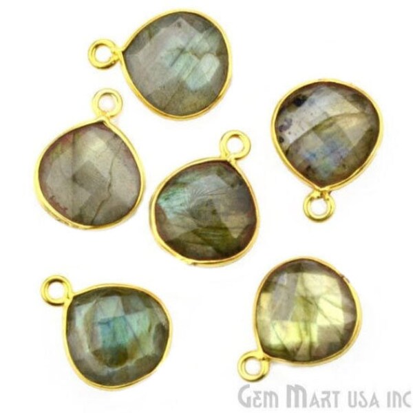 Labradorite, Heart Shaped, Faceted Stone, Pendant Connector, Handcrafted Gold Plating, Single Point Bail, DIY Jewelry 10MM (LB-10279)