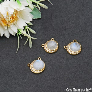 Rainbow Moonstone Crescent Moon Pendant, Gold CZ Pave Moon Double Bail Charm, Celestial Jewelry, Birthstone Gift, 17x16mm, GPRM-50635