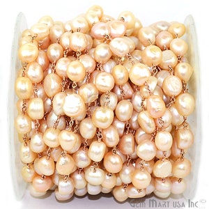 Baroque Freshwater Pearl Beads , 10-15mm Beads Rose Gold Plated wire wrapped Rosary Chain for Making Jewelry GemMartUSA (RPPP-30041)