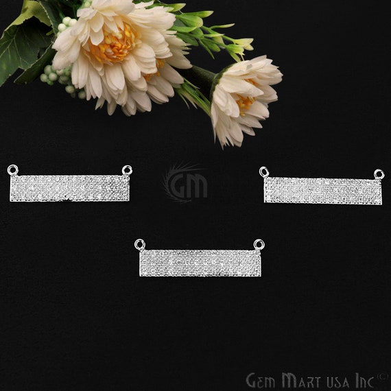 Fashion Jewelry Silver Plated Cz Pave Bar Charms Double Bail Connector Pendant 1pc GemMartUSA (CHCZ-40173)