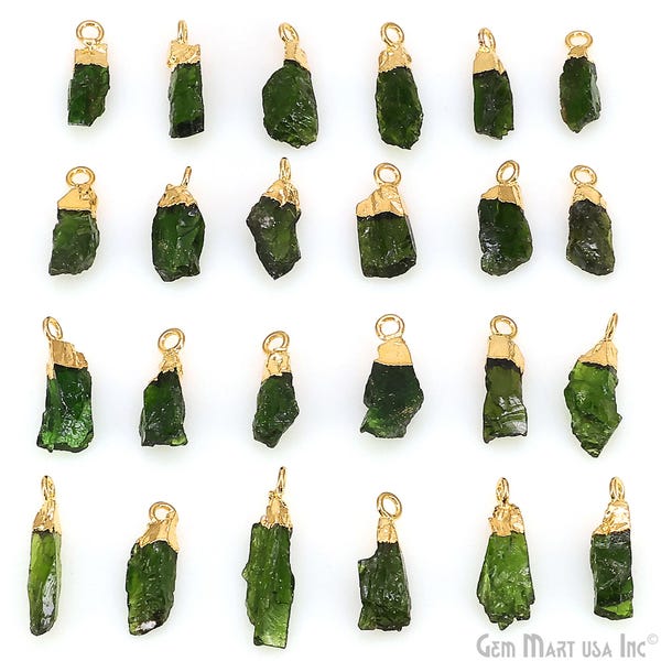 Raw Chrome Diopside Charm, Electroplated Gold Cap Pendant, Rough Gemstone Drop, Small Crystal Dangle for Jewelry Making, GPCD-50848