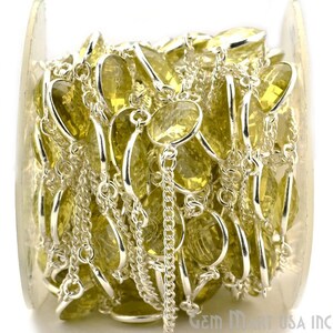 May include: A close-up of a spool of silver chain with light green gemstone beads. The chain is made of small, linked circles and the beads are round and faceted. The chain is coiled tightly on the spool.