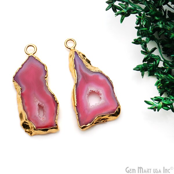 Agate Slice Earring Supplies, 37x17mm, DIY Geode Earring, Gold Electroplated, Boho Gemstone Earring, Earring Making Connector, DPER-93212