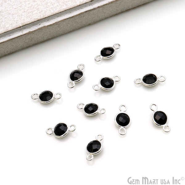 Black Onyx Round Shape Connector, 5mm Black Onyx Faceted Gemstone Pendant, Silver Plated Double Bail, GemMartUSA (BO-10493)