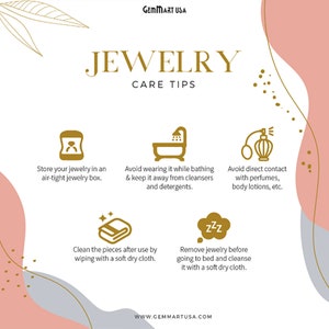 May include: A graphic with gold text on a pink and gray background that reads "Jewelry Care Tips". The graphic includes five icons with text describing how to care for jewelry. The icons include a jewelry box, a bathtub, a perfume bottle, a towel, and a sleeping cloud.