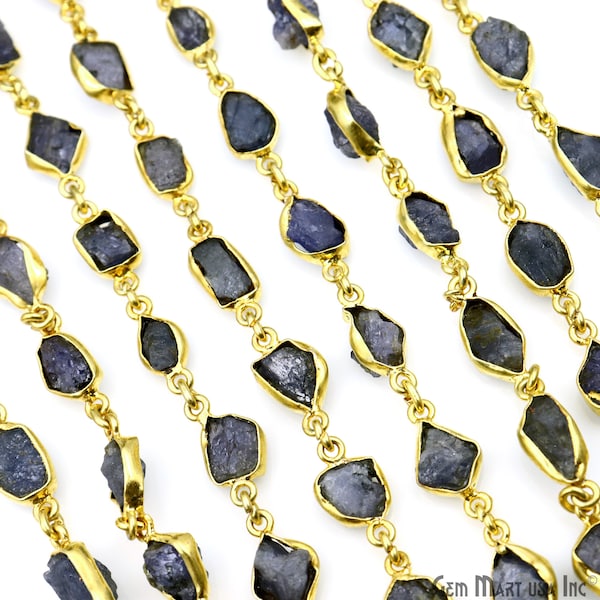 Rough Tanzanite Organic Gemstone, 22k Gold Plated , 10mm Wire Wrapped Rosary Chain, Continuous Connector Chain, GemMartUSA, (GPTZ-20107)