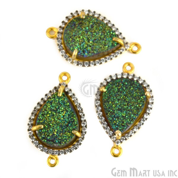 Green Druzy, 14x25mm Rhine Stone Pave Station Connector, 12x16mm Pears, 24K Gold Black Plated, Double Bail. (BPZG-40004)