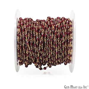 Rhodolite, 3-3.5mm 24k Gold Plated wire wrapped Rosary chain by foot GemMartUSA (30002)