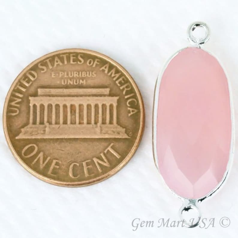 Double Bail 1pc GemMartUSA . RC-10183 Bezel Oval Shape Connector Natural Rose Chalcedony 10x20mm Oval Silver Plated