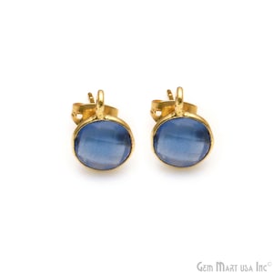 Blue Chalcedony Natural Gemstone Stud Earrings, Gold Plated DIY Jewelry Making Supplies, Round Bezel Gemstone Earring Findings, GPBC-90023