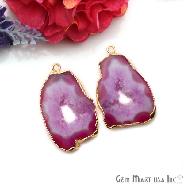 Agate Slice Earring Supplies, DIY Pink Geode Earring, Gold Electroplated, Boho Gemstone Earring, Earring Making Connector (DPER-90907)