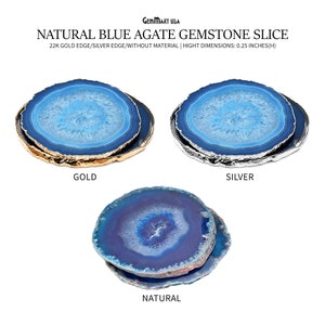 Blue Agate Slice Coaster, Natural Gemstone Coaster, Rock & Crystal Coaster, Organic/Silver/Gold Plated Drinkware, GemMartUSA (BLCO)