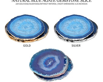 Blue Natural Gemstone Coaster, Agate Slice Coaster, Rock & Crystal Coaster, Organic/Silver/Gold Plated Drinkware (BLCO)