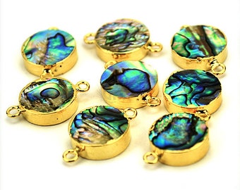 22k Gold Electroplated Abalone, 14mm Round Double Bail Charms Necklace Connector/Pendant 1pc GemMartUSA (SEE-10157)