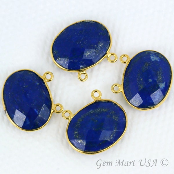 Lapis Lazuli Connector, Oval Shaped Bezel Set Gemstone, Gold Plated Double Cat Bail Connector, DIY Jewelry making Supply 15x20mm (LP-10017)