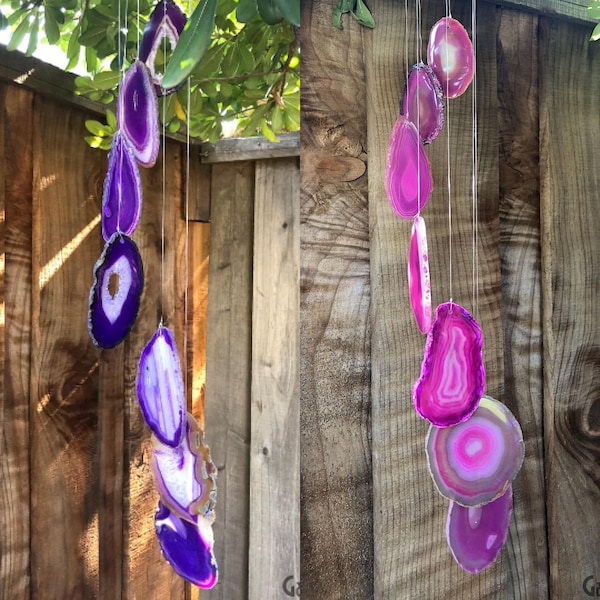 Windspiel aus Edelsteinen, natürlichen Achat-Scheiben, Bergkristall-Windspiel, Gartendekoration, Wohndekoration, melodische Klänge, GemMartUSA (WIND)