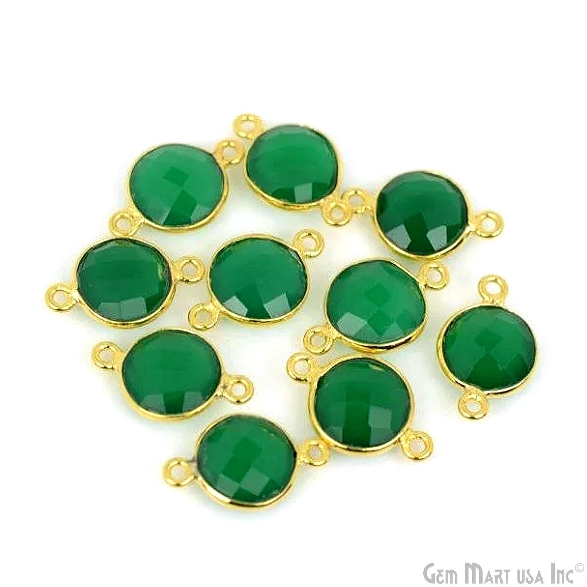 Green Onyx Faceted Round Bezel Charm, 10mm Tiny Gold Plated