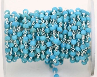 Beautiful Turquoise, 3-3.5mm Sterling Silver wire wrapped Rosary chain by foot GemMartUSA (SPTQ-30002)