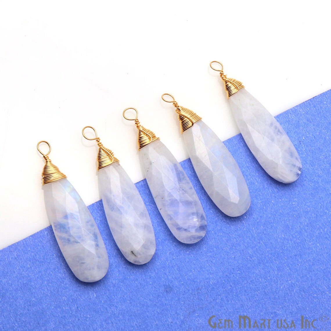Rainbow Moonstone Pear Connector Gold Wire Wrapped Connector Etsy