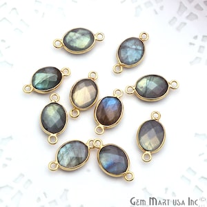 Labradorite Oval Connectors, Gold Electroplated, Double Bail, Faceted Stone, Flashy Stones, DIY Earrings, 8X10MM (LB-10198)