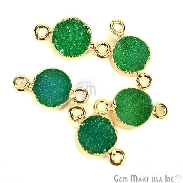 Green Druzy Connector, 8mm Round Shape 22k Gold Electroplated Double Bail Link Druzy Pendant 1pc GemMartUSA (ZEG-11236)