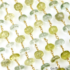 Green Amethyst & Lemon Topaz Cabochon Beads Rosary Chain, 9-10mm Round Gemstone Beads, Gold Plated Rosary Chain, GemMartUSA, GPOZ-30234