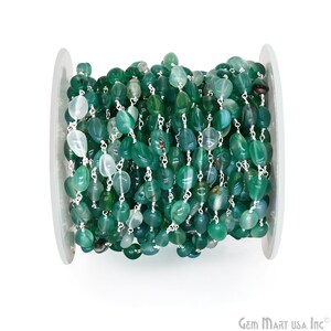 Shaded Green Onyx Tumble Beads Rosary Chain, 12x5mm Gemstone Tumble Beads Necklace, Silver Plated Rosary Chain GemMartUSA SPNS-30158