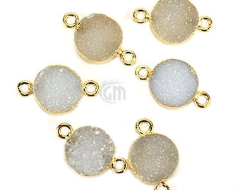 22k Gold Electroplated White Druzy Connector, 10mm Round Shape Druzy Gemstone Connector Pendant 1pc GemMartUSA (WEZ-11155)