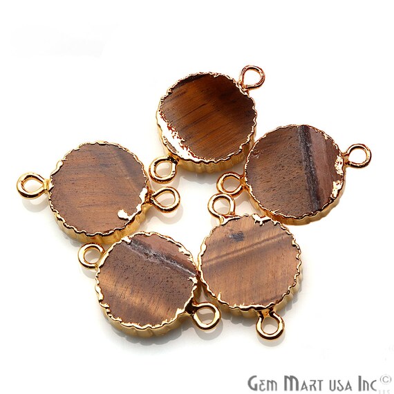 Round Connector, Tiger Eye Connector, 24k Gold, Gold Plated