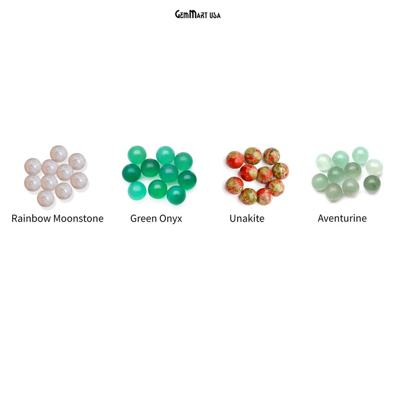 May include: Assortment of 10mm round gemstone beads in four colors: rainbow moonstone, green onyx, unakite, and aventurine. GemMart USA.