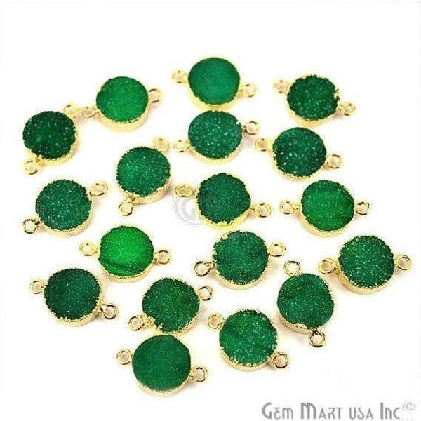 22k Gold Electroplated Green Druzy Connector, 14mm Round Shape Druzy Gemstone Connector Pendant 1pc GemMartUSA (ZEG-11157)