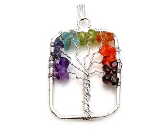 Tree of Life Gemstone Pendant, Rectangle Pendant, Silver Plated, Silver Wire Wrapped, Healing Pendant, Multi Color, 45X28MM  (TOL-50093)