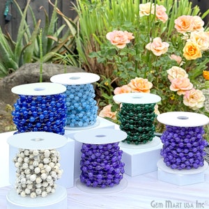 Dyed Jade Bead Chain, Faceted Crystal Jade Beads, Round Rosary Jade Chain, Black Plating, 8mm, 1+ ft, GemMartUSA (30013)