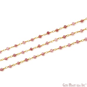 Strawberry Quartz Beaded Rosary Chain, Round Beads, Gold Plated Rosary Chain,  Gemstones Connector Chain, DIY Jewelry 3-3.5MM, GPSQ-30004
