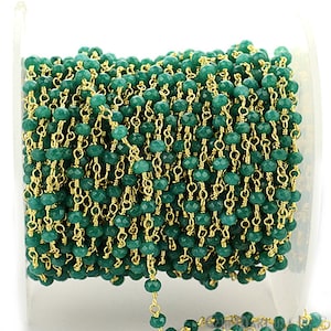 Emerald Jade Faceted Beads Rosary, 3-3.5mm 24k Gold Plated Handmade Rosary Chain Foot GemMartUSA (30002)