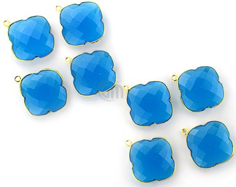 Calcédoine bleu ciel, lunette en forme de trèfle, trèfle 24 x 20 mm plaqué or 24 carats, jonc simple 1 pièce(SB-10238)