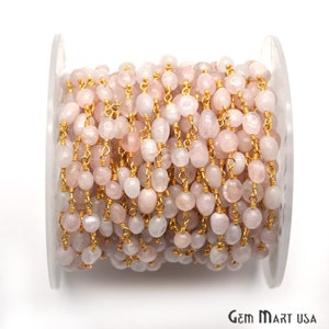 Rose Quartz Rosary Chain, Rondelle beads Chain, Gold Plated Chain, Jewelry Making Supplies, GemMartUSA (GPRQ-30044)