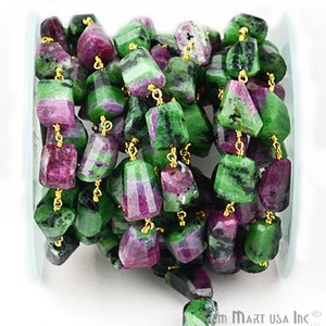 Ruby Zoisite beads rosary chain, 10-15mm unshape shape Gold plated wire wrapped link Stone rosary Chain GemMartUSA (GPRZ-30042)